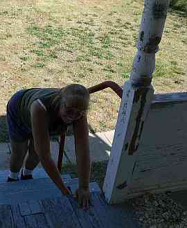 Sandra Scraping the Bay Side porch.